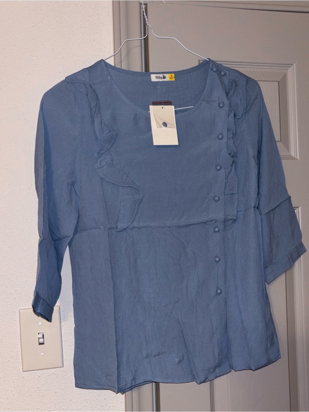 Tulip B Ruffle Button Detail Blouse Light Blue Bell Sleeve Top Size Small NWT